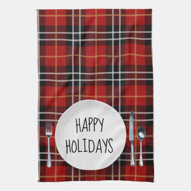 Happy Holidays Plate On Tartan Plaid Tea Towel (Vertical)