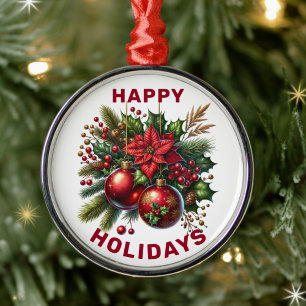 Happy Holidays Poinsettia and Holly Metal Tree Decoration