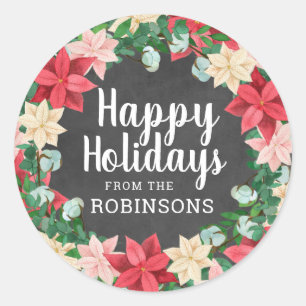 Happy Holidays Poinsettia Chalkboard Classic Round Sticker