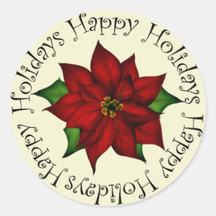 Happy Holidays Poinsettia Classic Round Sticker
