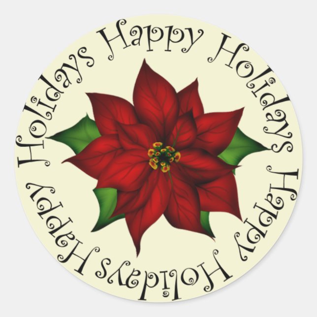 Happy Holidays Poinsettia Classic Round Sticker (Front)