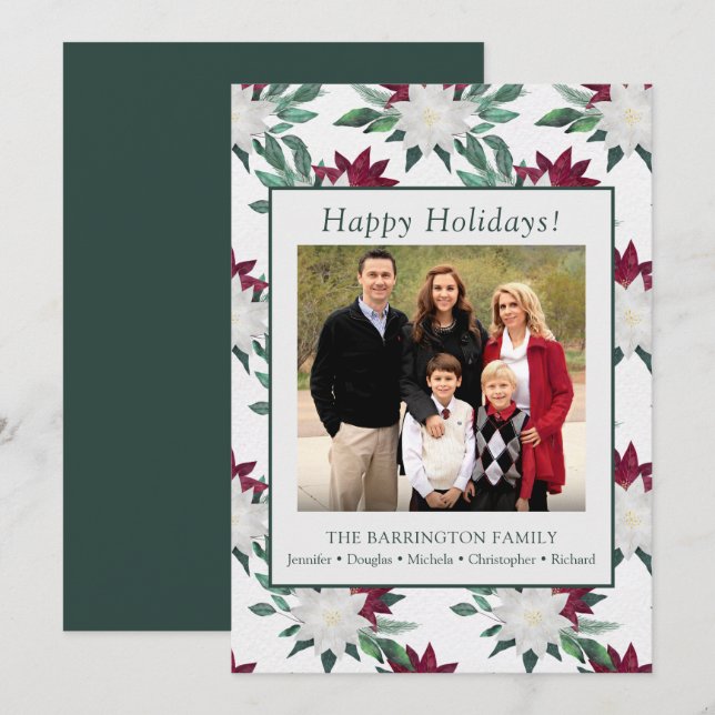 Happy Holidays Poinsettia Family Photo Flat Holiday Card (Front/Back)