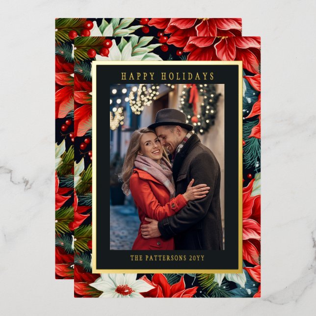 Happy Holidays Poinsettia Floral Photo Christmas Foil Holiday Card (Front/Back)