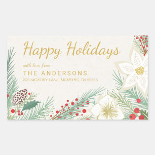 Happy Holidays Poinsettia Foliage Return Address Rectangular Sticker