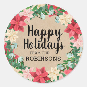 Happy Holidays Poinsettia Kraft Paper Classic Round Sticker