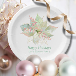 Happy Holidays Poinsettia Pink Gold Elegant Chic Paper Plate