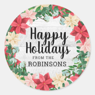Happy Holidays Poinsettia White Wood Classic Round Sticker