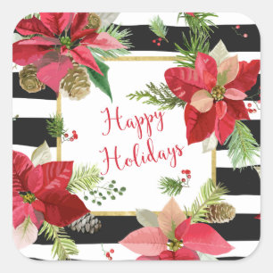 Happy Holidays Poinsettias, Black Stripe Stickers
