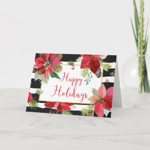 Happy Holidays Poinsettias, Black Stripes Card