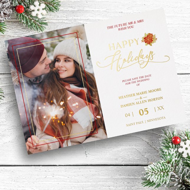 Happy Holidays Poinsettias Wreath Photo Wedding (Creator Uploaded)