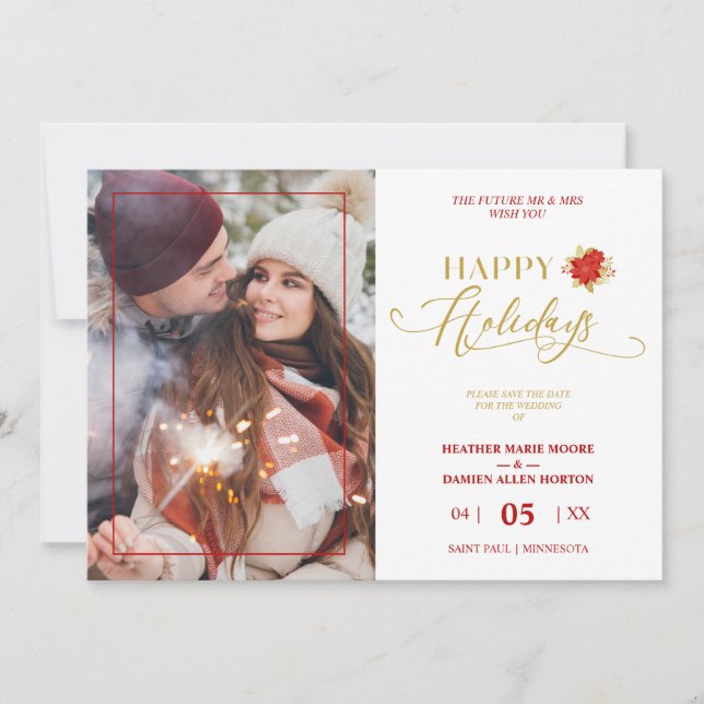 Happy Holidays Poinsettias Wreath Photo Wedding Save The Date (Front)