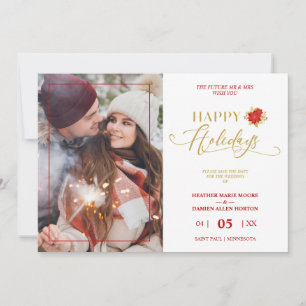 Happy Holidays Poinsettias Wreath Photo Wedding Save The Date