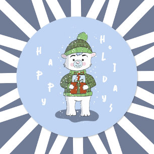 Happy Holidays Polar Bear Blue Sticker