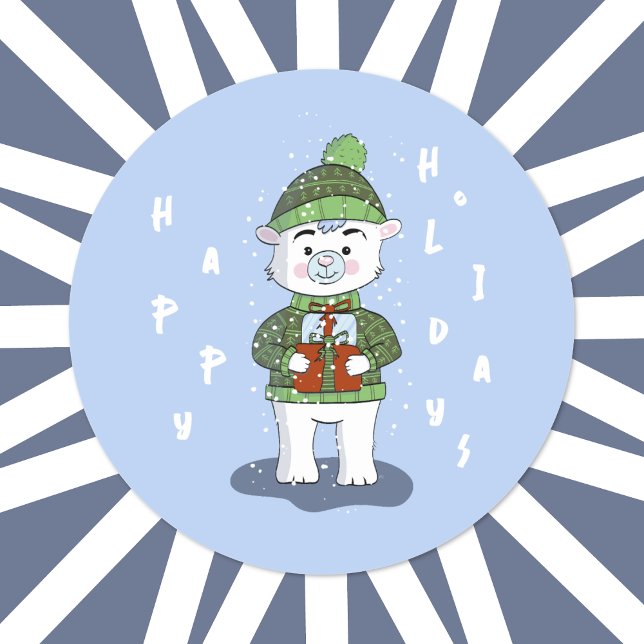 Happy Holidays Polar Bear Blue Sticker (Cute Polar bear Happy Holidays round blue sticker .
)