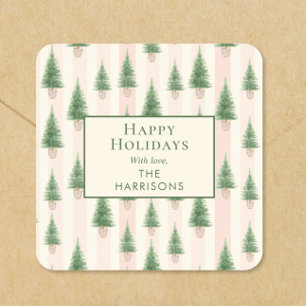 Happy Holidays Preppy Pink Stripe Christmas Tree Square Sticker