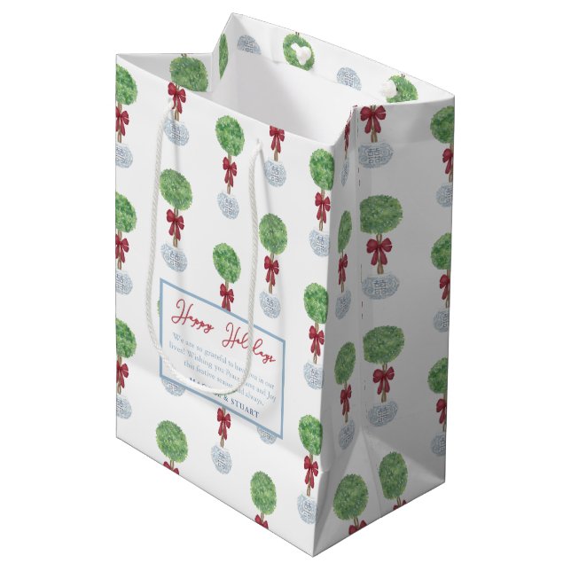 Happy Holidays Preppy Topiary Tree Thank You Medium Gift Bag (Front Angled)