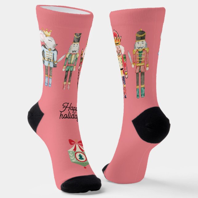 Happy holidays Pretty Nutcracker Xmas Pink Socks (Angled)