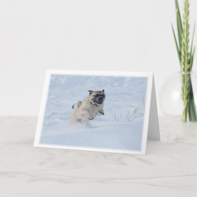Happy Holidays Pug Playing in the Snow Christmas Holiday Card (Front)