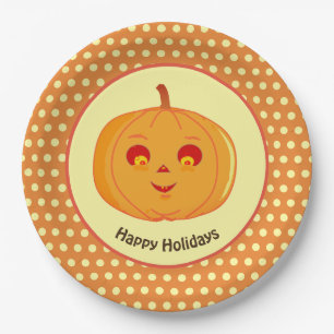 Happy Holidays Pumpkin Face & Polka Dots Paper Plate