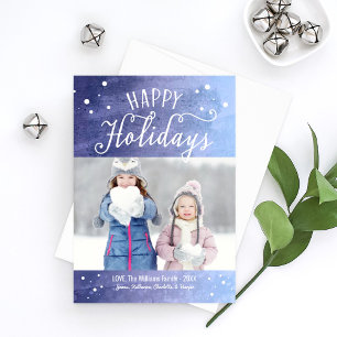 Happy Holidays Purple Blue Snowy Watercolor Photo Holiday Card