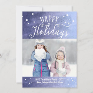 Happy Holidays Purple Blue Snowy Watercolor Photo Holiday Card