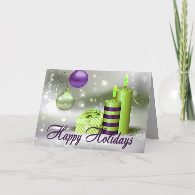Happy Holidays Purple Green Decorations Holiday Card (Front)
