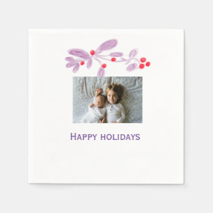 Happy holidays purple red floral add photo text napkin