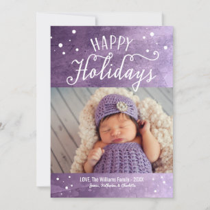 Happy Holidays Purple Snowy Watercolor Photo Holiday Card