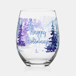 Happy Holidays Purple Winter Snowy Trees Stemless Wine Glass