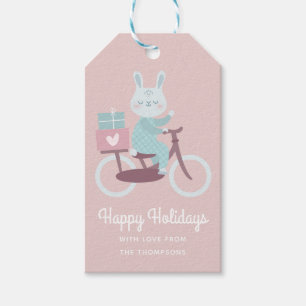 Happy Holidays Rabbit Riding Bicycle Family Name Gift Tags
