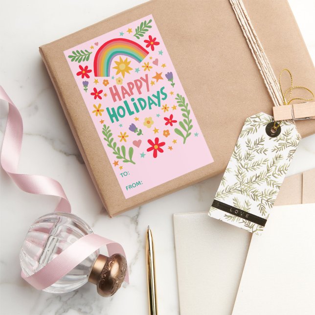 Happy Holidays Rainbow Cute CUSTOM TO FROM  Rectangular Sticker (Happy Holidays Rainbow Cute CUSTOM TO FROM hand-drawn colorful Rectangular Sticker
)