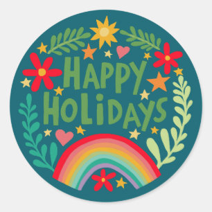 Happy Holidays Rainbow Cute Hand-drawn Colorful  Classic Round Sticker