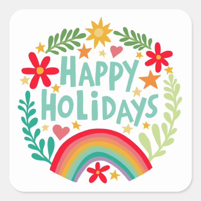 Happy Holidays Rainbow Cute Hand-drawn Colourful  Square Sticker (Front)
