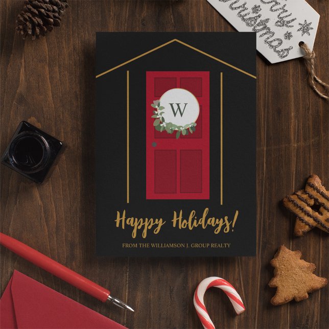 Happy Holidays Real Estate Monogram Door Wreath Holiday Card (Modern Red door monogram real estate agent Happy Holidays business greeting xmas card.)