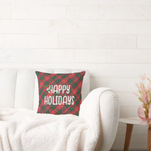 Happy Holidays Red and Green Scottish Tartan Plaid Cushion