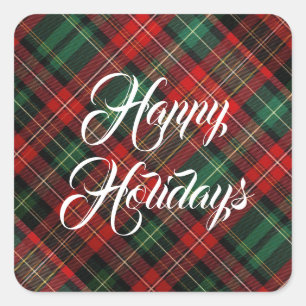 Happy Holidays Red and Green Tartan Plaid Square Sticker