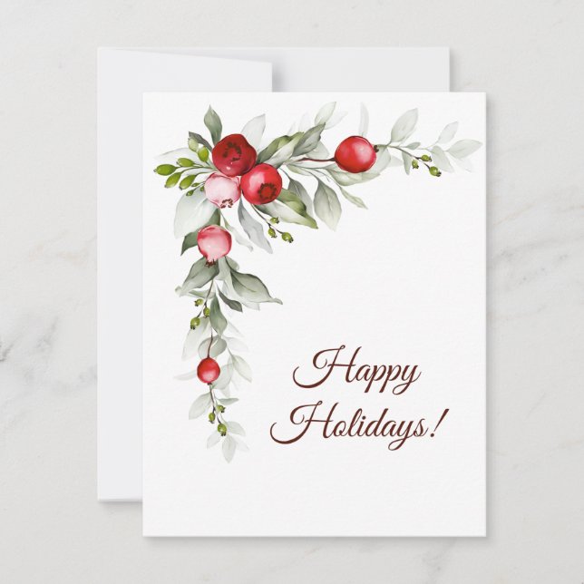 Happy Holidays red berries watercolour winter Holiday Card (Front)