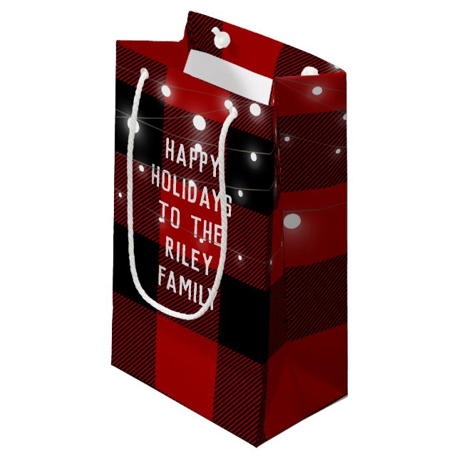 Happy Holidays red black buffalo plaid Small Gift Bag (Front Angled)
