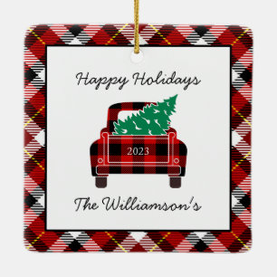 Happy Holidays Red Black Plaid Truck Tree Custom Ceramic Ornament