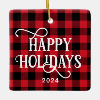 Happy Holidays Red Buffalo Plaid Family Photo Ceramic Ornament