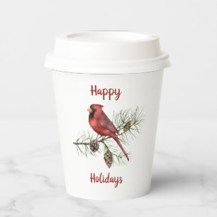 Happy Holidays Red Cardinal on Pine Branch Paper Cups