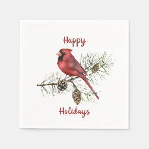 Happy Holidays Red Cardinal Pine Branch Pine Cones Napkin