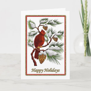 Happy Holidays - Red Cardinal With Pine Cones Holiday Card