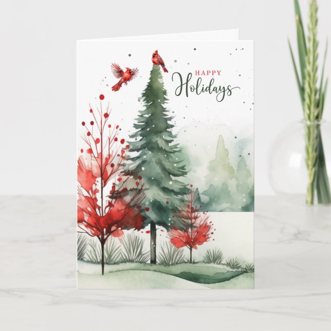 Happy Holidays Red Cardinals Woodland Christmas Holiday Card (Front)