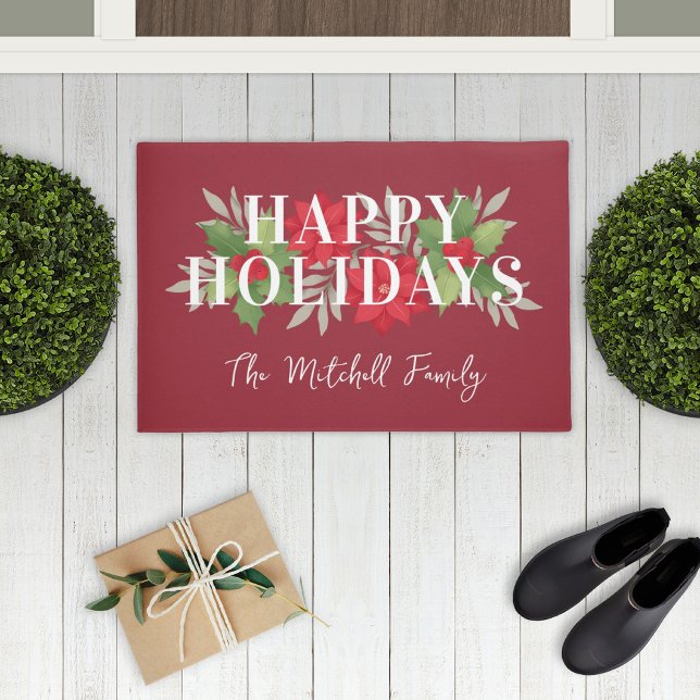 Happy Holidays Red Christmas Floral Family Name Doormat (Creator Uploaded)