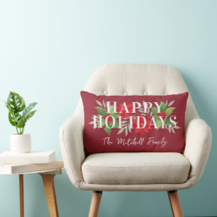 Happy Holidays Red Christmas Floral Family Name Lumbar Cushion