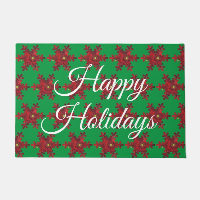 Happy Holidays Red Daisy Snowflake Door Mat (Front)