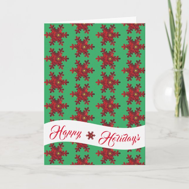 Happy Holidays Red Daisy Snowflake Holiday Card (Front)