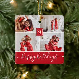 Happy Holidays Red Family Photo Collage Monogram Ceramic Ornament