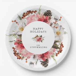 Happy Holidays Red Floral Personalized Paper Plate